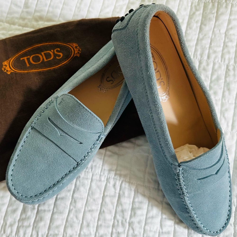 Tod's Blue Suede Flats with Classic Penny Design